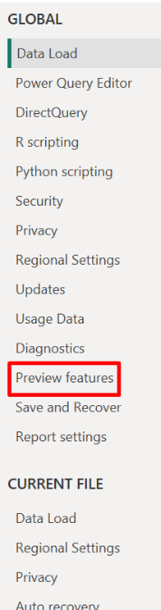After clicking on Options and Storage, navigate to Preview Features and click it - Copilot in Power BI