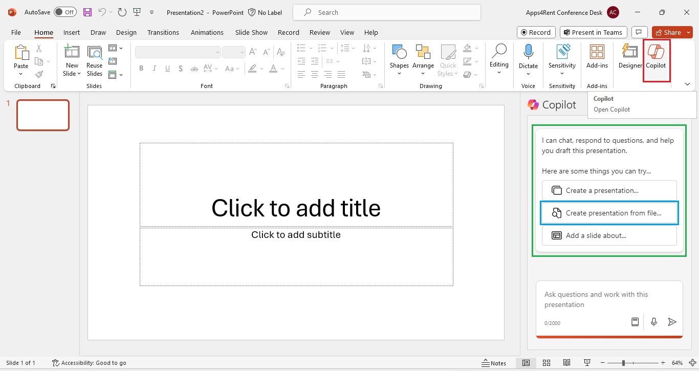 Open Microsoft PowerPoint and click on Copilot