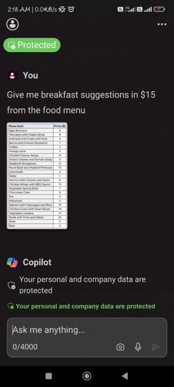 output by Copilot based on menu input
